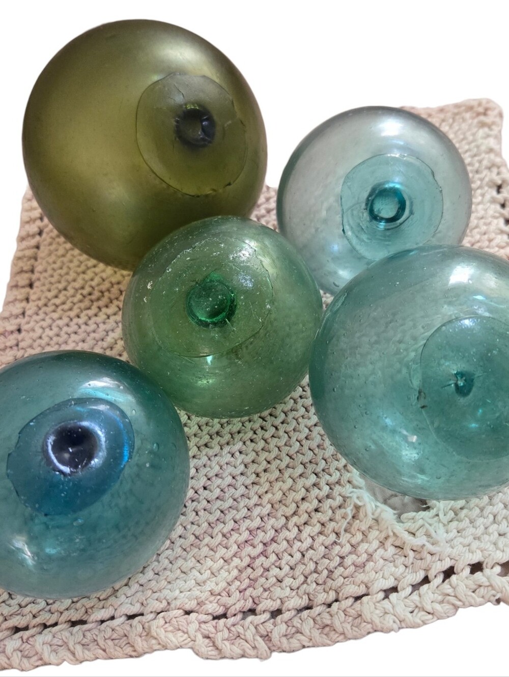 FOUR Japanese Glass Fishing Floats 3" Aqua Green, Coastal Beach House Decor - Picture 6 of 8
